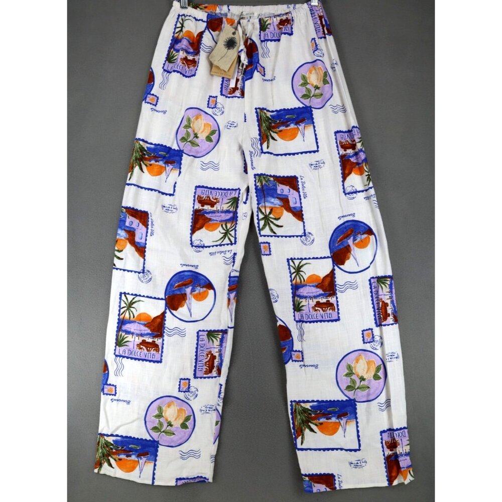 New Label Of Love Printed Wide Leg Linen Pants Sz‎ M Beach Resortwear Dolce Vita